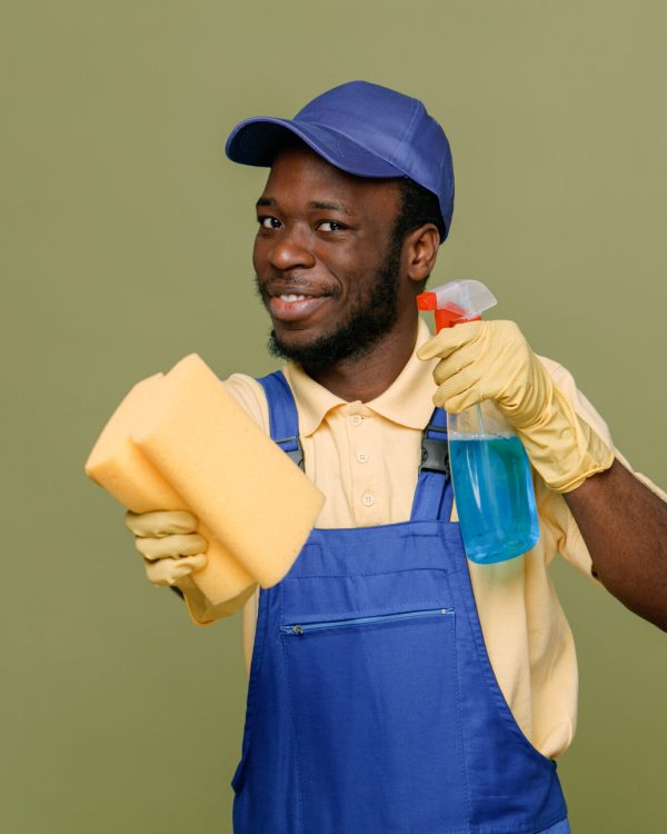pleased holding cleaning agent with sponge young africanamerican cleaner male in uniform with gloves isolated on green background